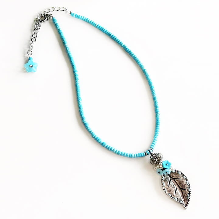 ネックレス｜葉っぱモチーフ｜ターコイズブルー｜atelierKAZUMI｜アトリエカズミ